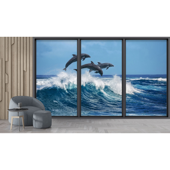 Optical Illusion Panoramic Bay Window Wall Mural / Wallpaper - Dolphins