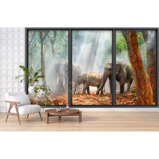 Optical Illusion Panoramic Bay Window Wall Mural / Wallpaper - Elephants