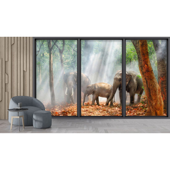 Optical Illusion Panoramic Bay Window Wall Mural / Wallpaper - Elephants