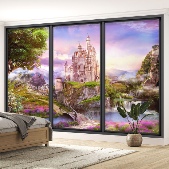 Optical Illusion Panoramic Bay Window Wall Mural / Wallpaper for Kids - Castle