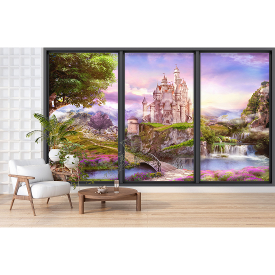 Optical Illusion Panoramic Bay Window Wall Mural / Wallpaper for Kids - Castle