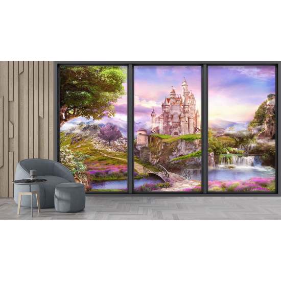 Optical Illusion Panoramic Bay Window Wall Mural / Wallpaper for Kids - Castle