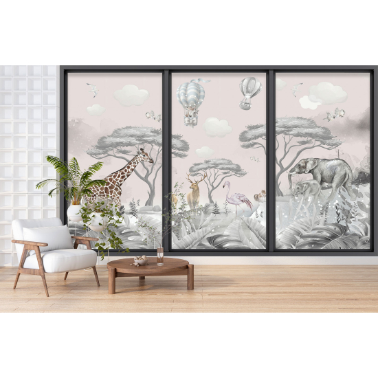 Optical Illusion Panoramic Bay Window Wall Mural / Wallpaper for Kids - Jungle animals