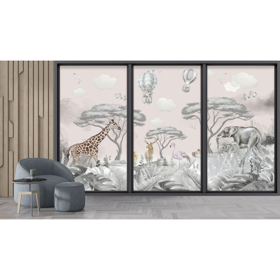 Optical Illusion Panoramic Bay Window Wall Mural / Wallpaper for Kids - Jungle animals