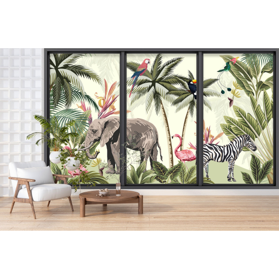 Optical Illusion Panoramic Bay Window Wall Mural / Wallpaper for Kids - Jungle animals