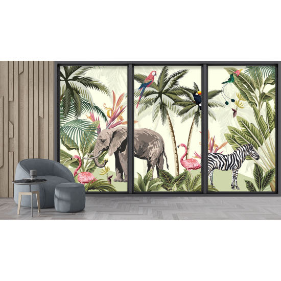 Optical Illusion Panoramic Bay Window Wall Mural / Wallpaper for Kids - Jungle animals