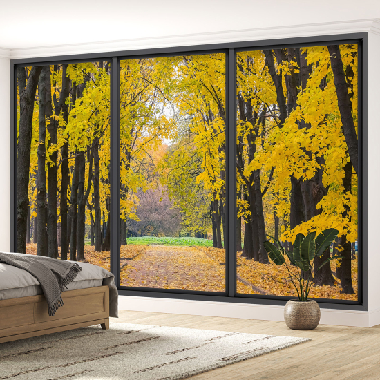 Optical Illusion Panoramic Bay Window Wall Mural / Wallpaper - Forest path