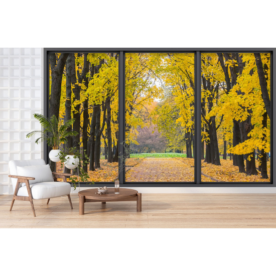 Optical Illusion Panoramic Bay Window Wall Mural / Wallpaper - Forest path