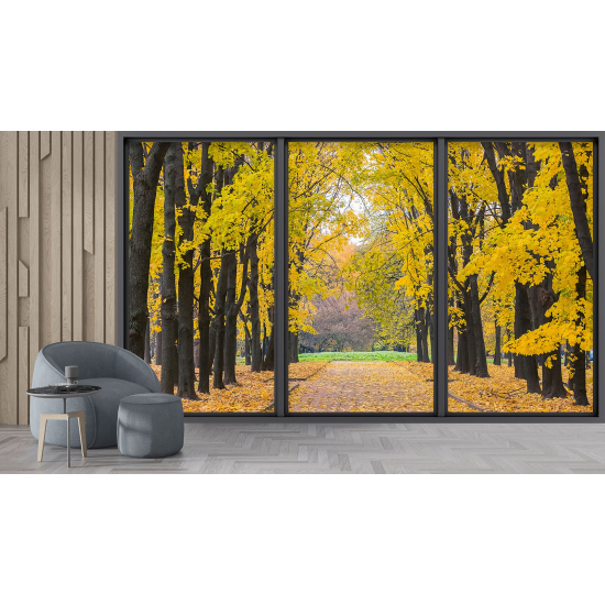 Optical Illusion Panoramic Bay Window Wall Mural / Wallpaper - Forest path