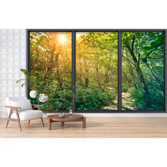 Optical Illusion Panoramic Bay Window Wall Mural / Wallpaper - Forest path