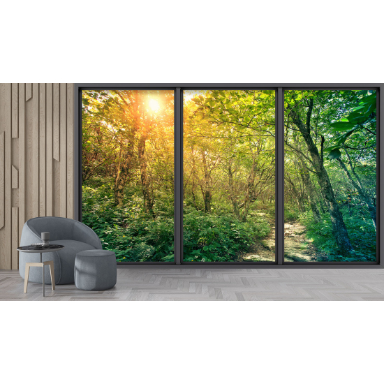 Optical Illusion Panoramic Bay Window Wall Mural / Wallpaper - Forest path