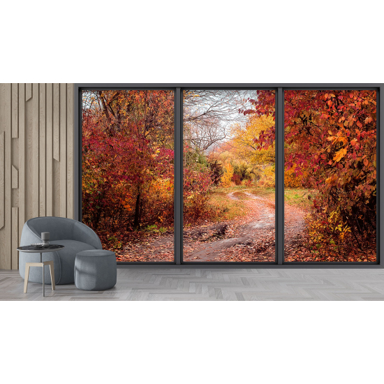 Optical Illusion Panoramic Bay Window Wall Mural / Wallpaper - Forest path