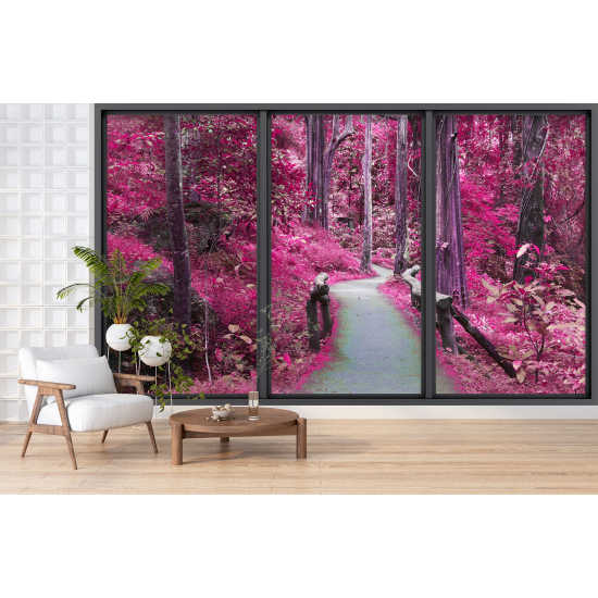 Optical Illusion Panoramic Bay Window Wall Mural / Wallpaper - Forest path