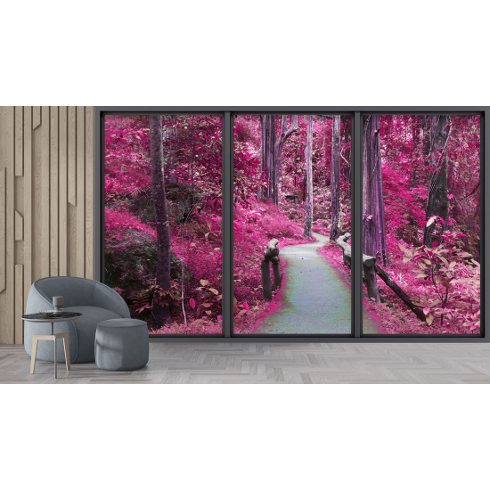 Optical Illusion Panoramic Bay Window Wall Mural / Wallpaper - Forest path