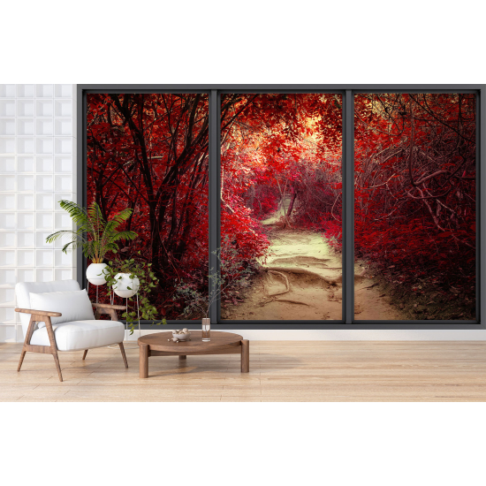 Optical Illusion Panoramic Bay Window Wall Mural / Wallpaper - Forest path