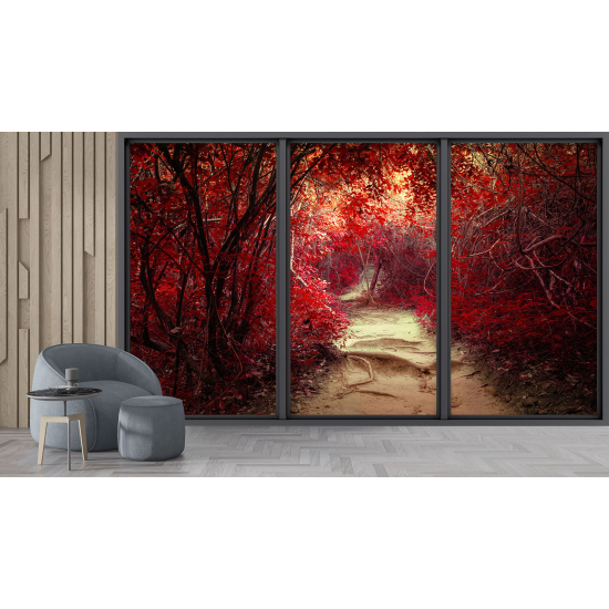 Optical Illusion Panoramic Bay Window Wall Mural / Wallpaper - Forest path