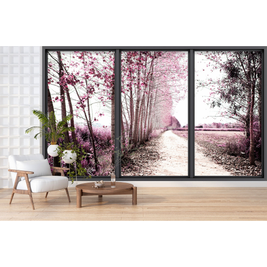 Optical Illusion Panoramic Bay Window Wall Mural / Wallpaper - Forest path