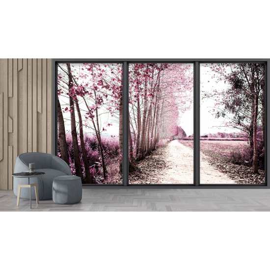 Optical Illusion Panoramic Bay Window Wall Mural / Wallpaper - Forest path