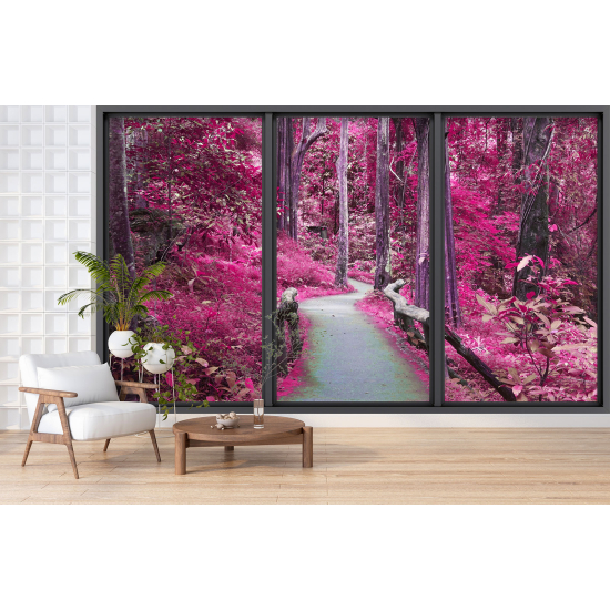 Optical Illusion Panoramic Bay Window Wall Mural / Wallpaper - Forest path