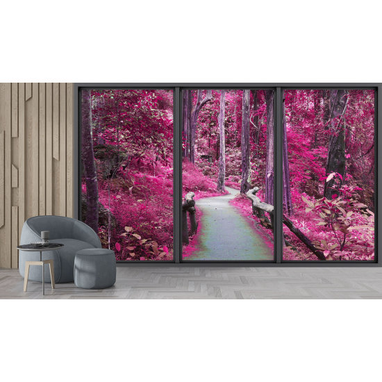 Optical Illusion Panoramic Bay Window Wall Mural / Wallpaper - Forest path