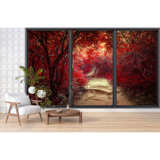 Optical Illusion Panoramic Bay Window Wall Mural / Wallpaper - Forest path