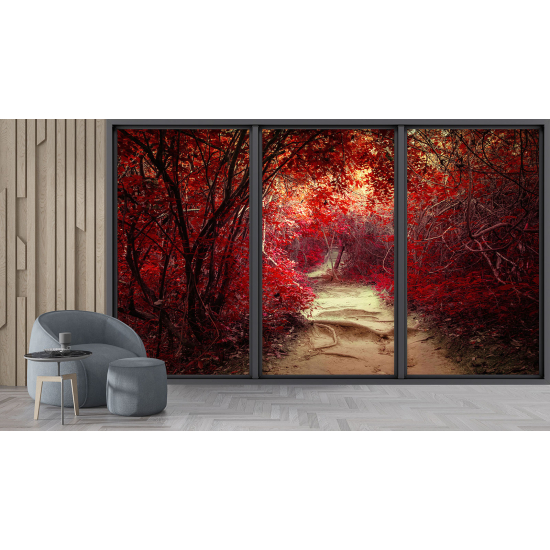 Optical Illusion Panoramic Bay Window Wall Mural / Wallpaper - Forest path