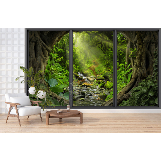 Optical Illusion Panoramic Bay Window Wall Mural / Wallpaper - Forest path