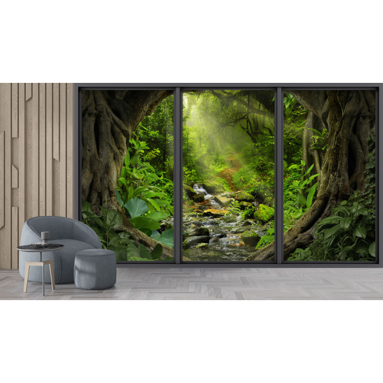 Optical Illusion Panoramic Bay Window Wall Mural / Wallpaper - Forest path