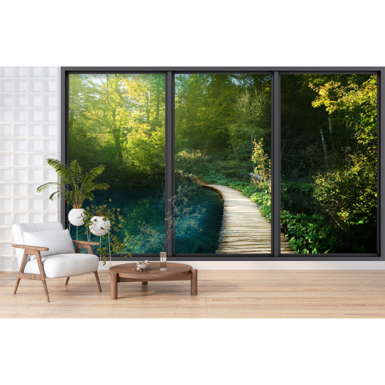 Optical Illusion Panoramic Bay Window Wall Mural / Wallpaper - Forest pontoon