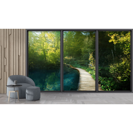 Optical Illusion Panoramic Bay Window Wall Mural / Wallpaper - Forest pontoon