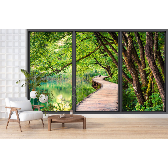 Optical Illusion Panoramic Bay Window Wall Mural / Wallpaper - Forest pontoon