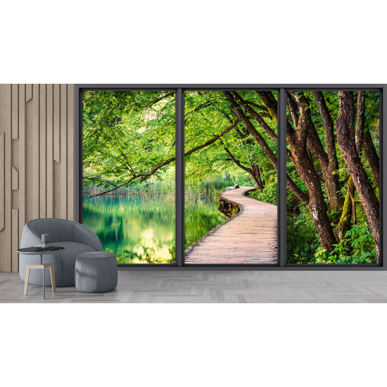 Optical Illusion Panoramic Bay Window Wall Mural / Wallpaper - Forest pontoon