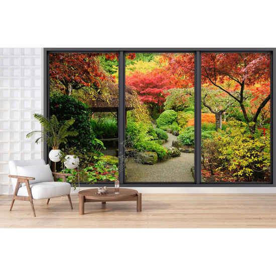 Optical Illusion Panoramic Bay Window Wall Mural / Wallpaper - Garden