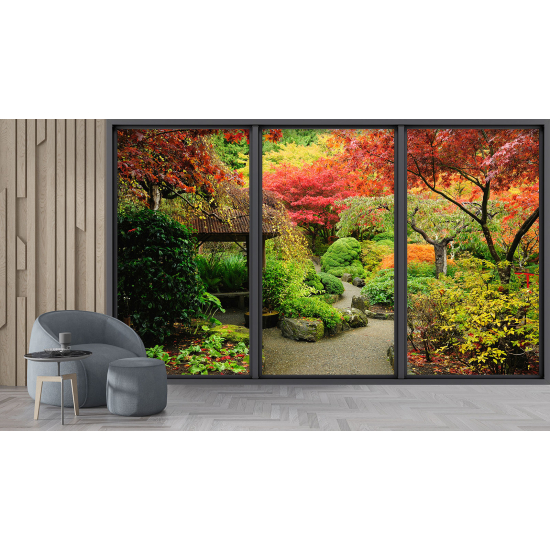 Optical Illusion Panoramic Bay Window Wall Mural / Wallpaper - Garden