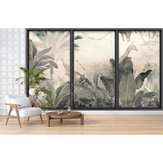 Optical Illusion Panoramic Bay Window Wall Mural / Wallpaper - Giraffes