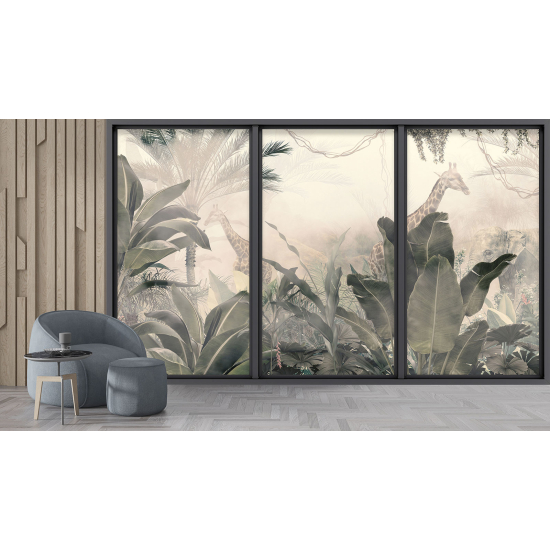 Optical Illusion Panoramic Bay Window Wall Mural / Wallpaper - Giraffes