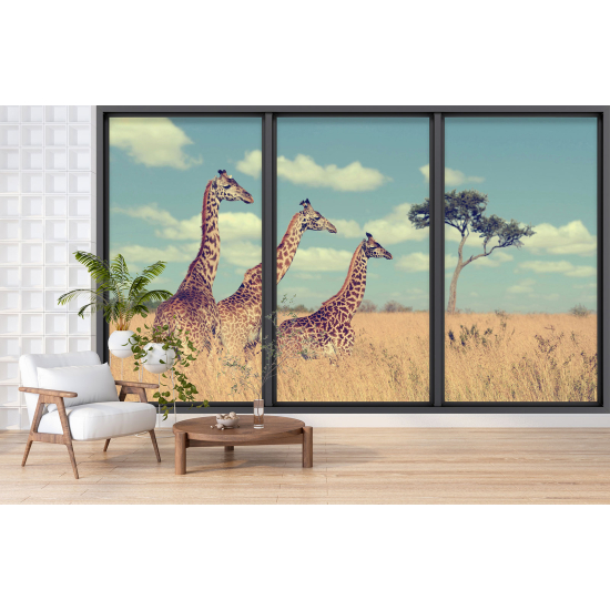 Optical Illusion Panoramic Bay Window Wall Mural / Wallpaper - Giraffes