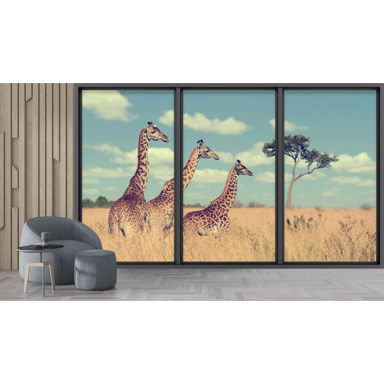 Optical Illusion Panoramic Bay Window Wall Mural / Wallpaper - Giraffes