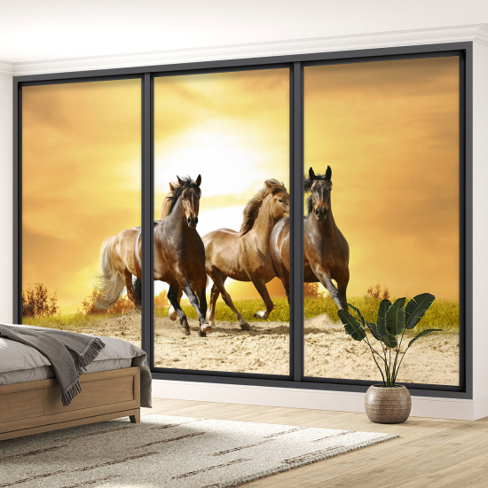 Optical Illusion Panoramic Bay Window Wall Mural / Wallpaper - Horses