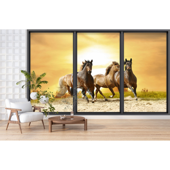 Optical Illusion Panoramic Bay Window Wall Mural / Wallpaper - Horses