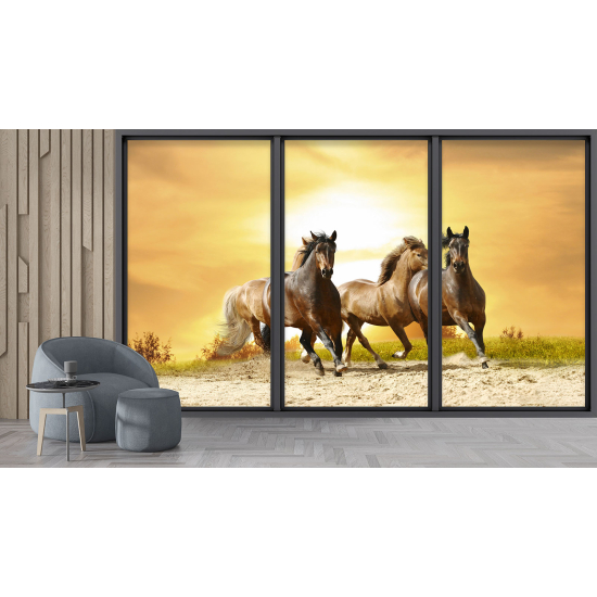 Optical Illusion Panoramic Bay Window Wall Mural / Wallpaper - Horses