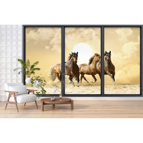 Optical Illusion Panoramic Bay Window Wall Mural / Wallpaper - Horses