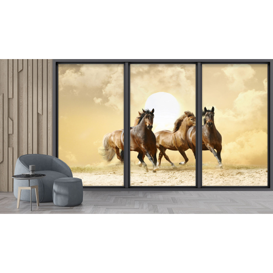 Optical Illusion Panoramic Bay Window Wall Mural / Wallpaper - Horses