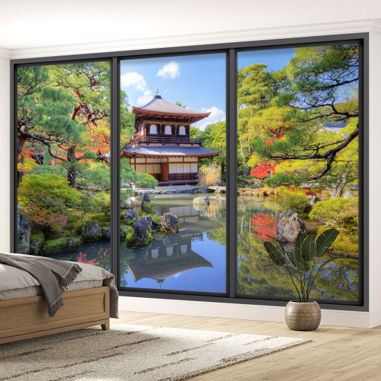 Optical Illusion Panoramic Bay Window Wall Mural / Wallpaper - Japanese Temple