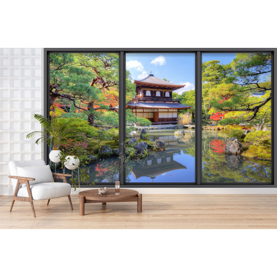 Optical Illusion Panoramic Bay Window Wall Mural / Wallpaper - Japanese Temple