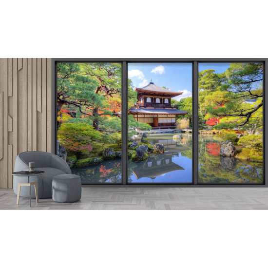 Optical Illusion Panoramic Bay Window Wall Mural / Wallpaper - Japanese Temple