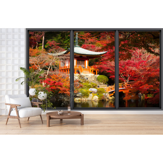 Optical Illusion Panoramic Bay Window Wall Mural / Wallpaper - Japanese Temple