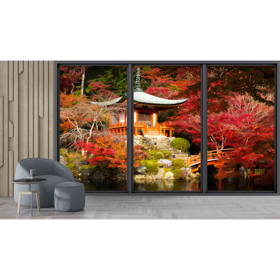 Optical Illusion Panoramic Bay Window Wall Mural / Wallpaper - Japanese Temple