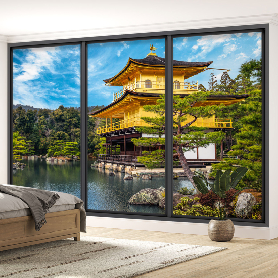 Optical Illusion Panoramic Bay Window Wall Mural / Wallpaper - Japanese Temple