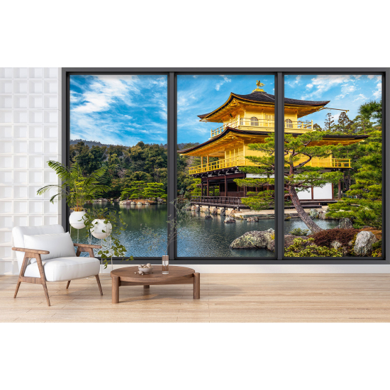 Optical Illusion Panoramic Bay Window Wall Mural / Wallpaper - Japanese Temple